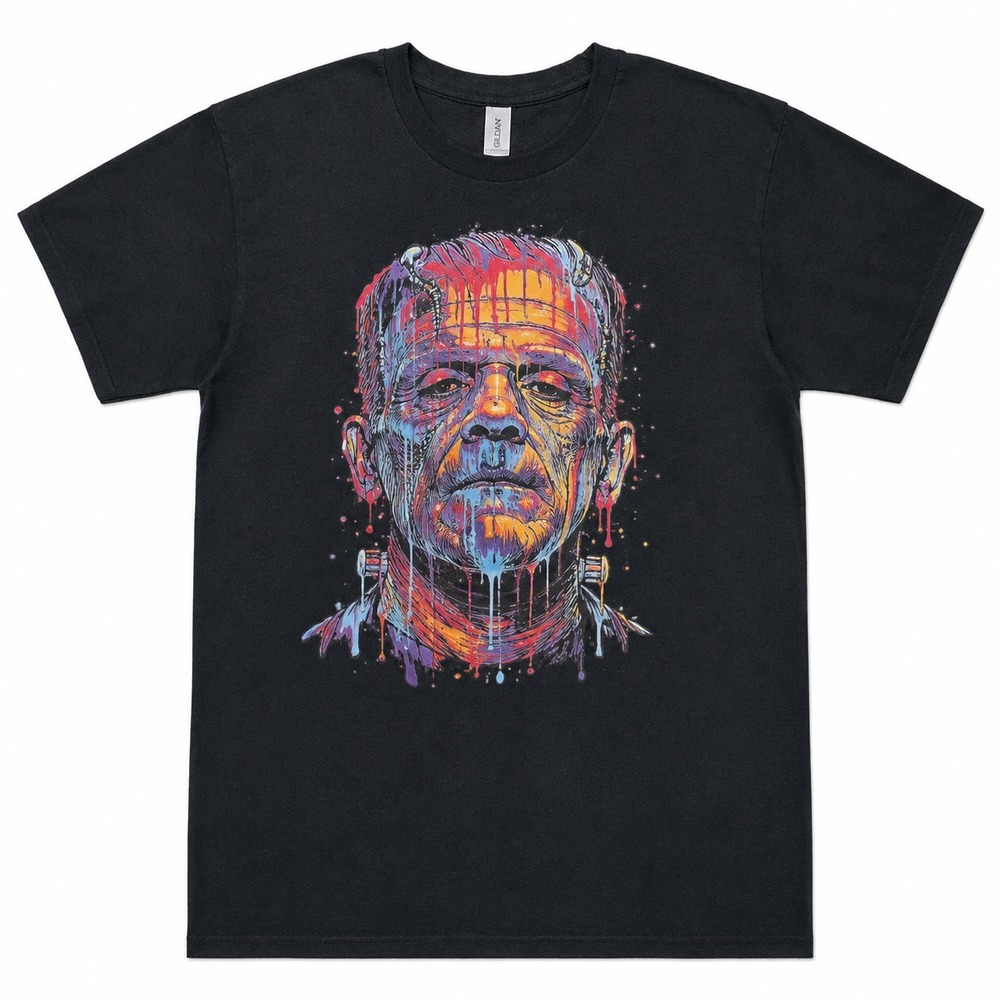 Frankenstein Monster Paint Drip Graphic T-Shirt Black Mens XL